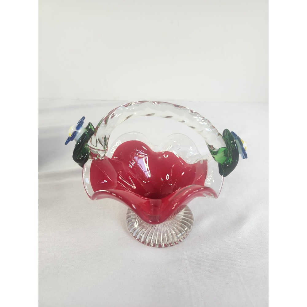 Red Art Glass Basket Hand Blown Ruffled Edge Flower Accents‎ Clear Handle Boxed